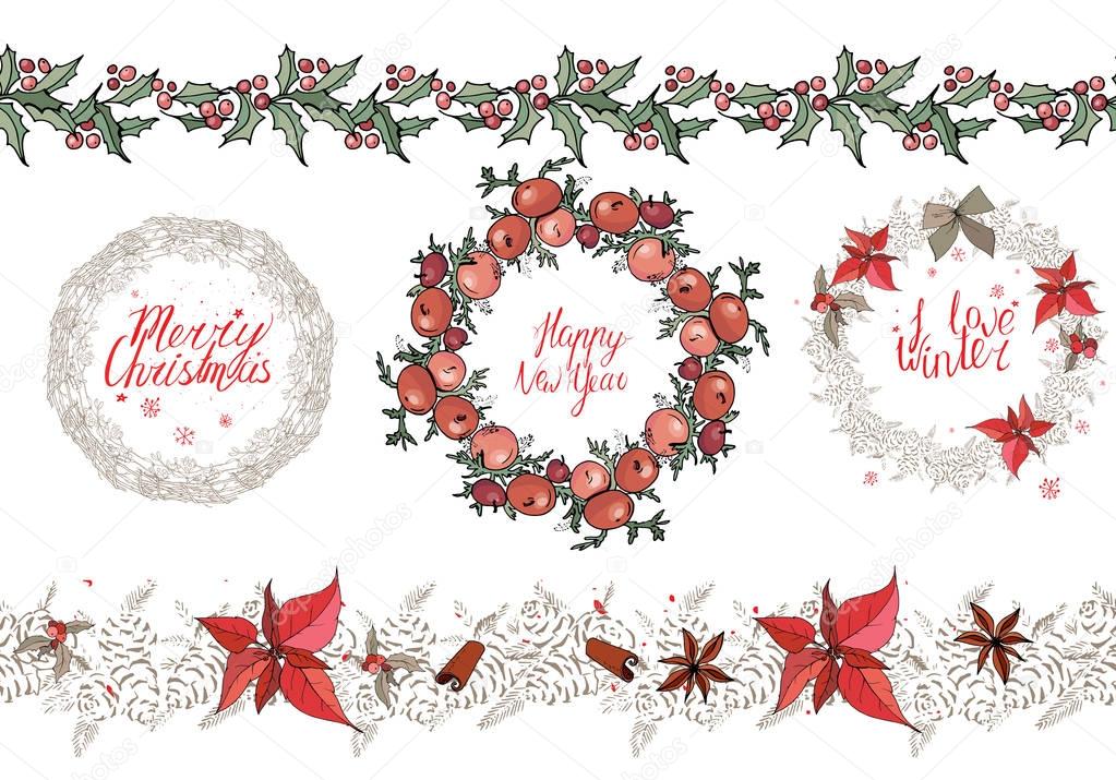 Christmas set  with festive elements. Calligraphy phrases, hand drawn. Winter garland with poinsettia.. Isolated elements for festive season design,decoration, advertisement, greeting cards.