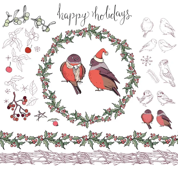 Farklı kış kuşlar topluluğu. Noel orman semboller ve öğeleri üzerinde beyaz izole. Vintage tarzı, kontur, elle çizilmiş.
