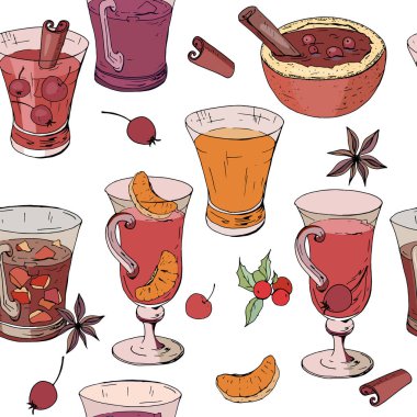 Dikişsiz desen mulled şarap, çay ve diğer sıcak kış içecekler gözlüklü. Festival sonsuz doku