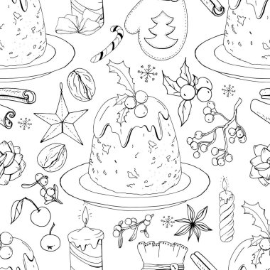 Noel pudingi ve dekorasyon ile Seamless modeli. Sonsuz doku şenlikli tasarım ve dekorasyon için. Siyah ve beyaz