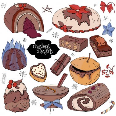 Beyaz üzerine izole edilmiş farklı Noel ve kış tatlıları seti. Renk, el çizimi. Restoran ve kafe menüsü için eğlenceli öğeler.