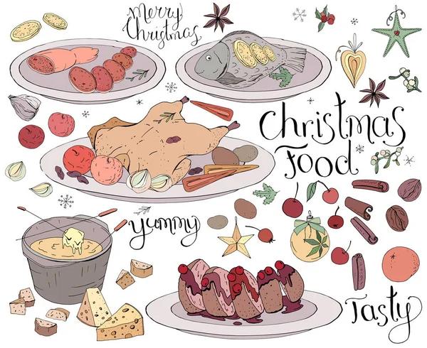Σετ Παραδοσιακό Χριστουγεννιάτικο Φαγητό Απομονωμένα Λευκό Μαλακό Χρώμα Γράμματα Φράσεις — Διανυσματικό Αρχείο