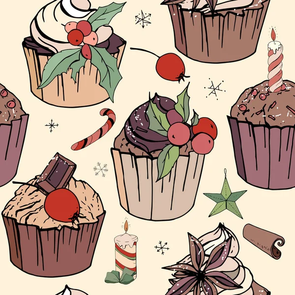 Seamless Pattern Christmas Muffins Endless Texture Festive Design Restaurant Cafe — Stock Vector