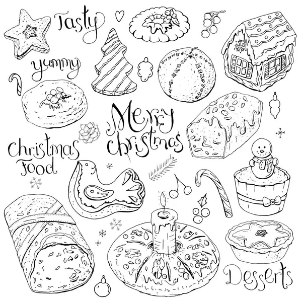Set Van Verschillende Kerst Winter Desserts Wit Wordt Geïsoleerd Zwart — Stockvector