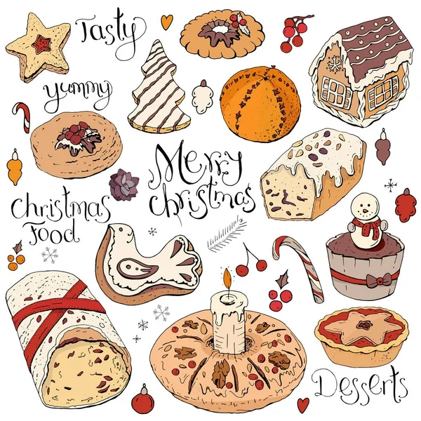 Set Van Verschillende Kerst Winterdesserts Geïsoleerd Wit Kleur Met Hand — Stockvector