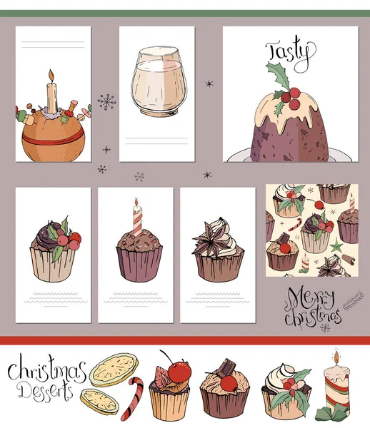 一套不同的卡与传统的冬季甜点和饮料 模板为季节和圣诞节设计 邀请和装饰 — 图库矢量图片