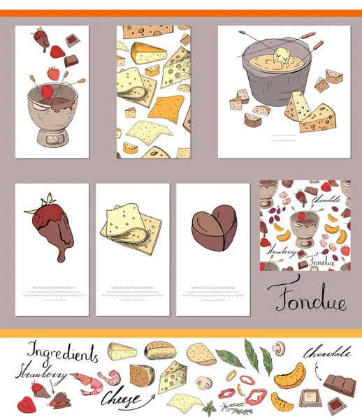 Conjunto Diferentes Tarjetas Con Fondue Tradicional Queso Chocolate Plantilla Para — Vector de stock