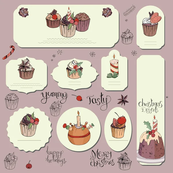 Set Différentes Cartes Avec Desserts Traditionnels Hiver Décor Modèle Pour — Image vectorielle