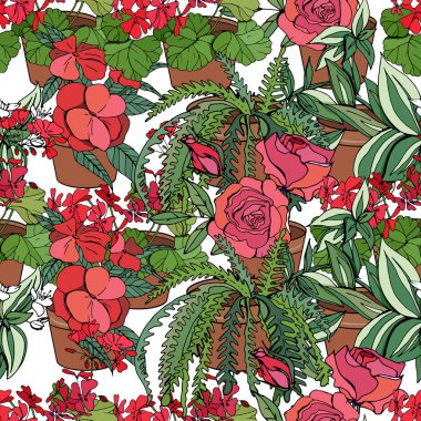 Seamless pattern with red flowers grown indoors. Endless pattern with typical home plants for your design clipart