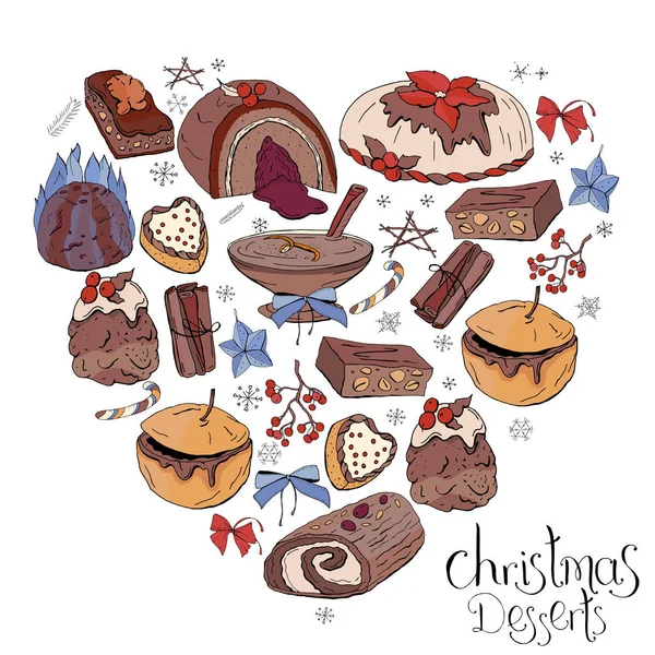 Сердце Изготовлено Различных Рождественских Зимних Десертов Сладостей Пищи Шаблон Дизайна — стоковый вектор