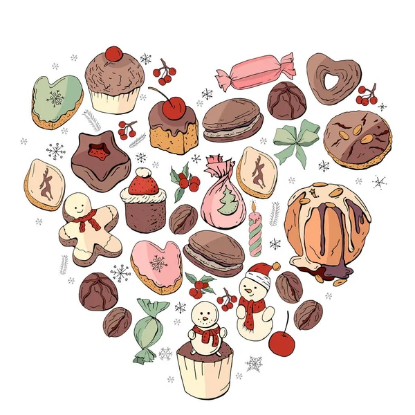心脏由不同的圣诞冬季甜点 甜食和食物 餐厅和咖啡厅菜单设计模板 — 图库矢量图片