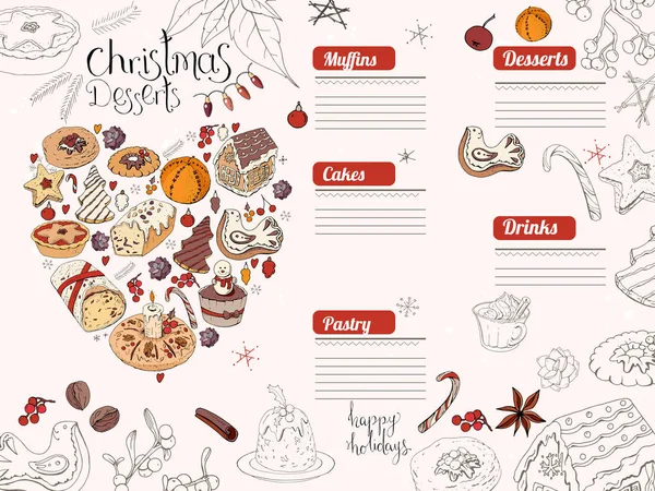 Menu Restaurant Café Pour Saison Hivernale Desserts Pâtisseries Bonbons Traditionnels — Image vectorielle