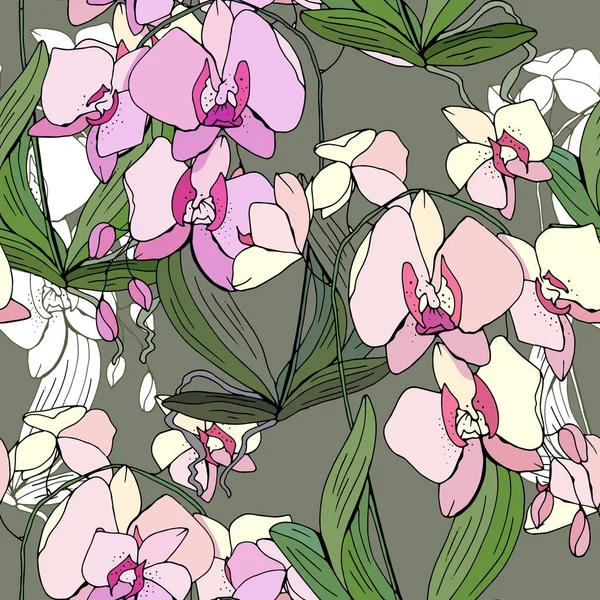Seamless pattern with traditional homeplant Phalaenopsis. Endless texture with flower used indoor.