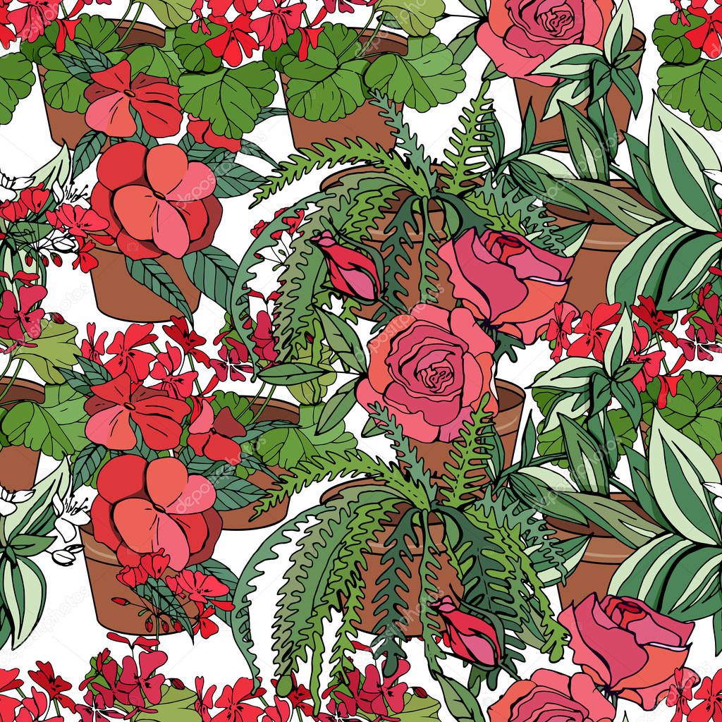 Seamless pattern with red flowers grown indoors. Endless pattern with typical home plants for your design