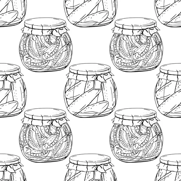 Modèle sans couture avec différents pots en verre avec des légumes. Texture infinie sur fond blanc. Noir et blanc, monochrome, contour . — Image vectorielle
