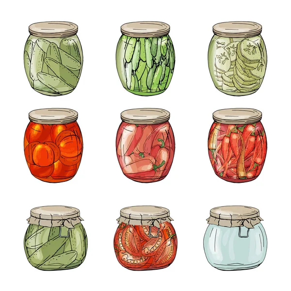 Colección en diferentes frascos de vidrio con verduras caseras. Objetos dibujados a mano aislados en blanco — Vector de stock