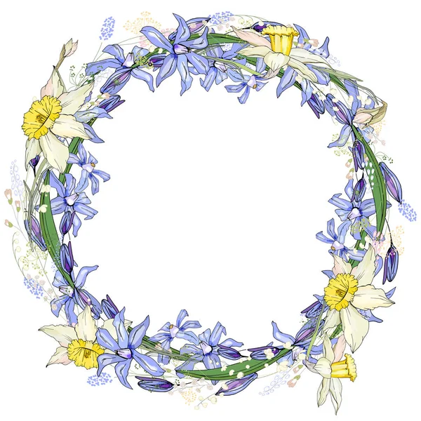 Marco redondo primavera Pascua con espacio para el texto. Flores de onagra, dibujadas a mano, azules y amarillas — Vector de stock