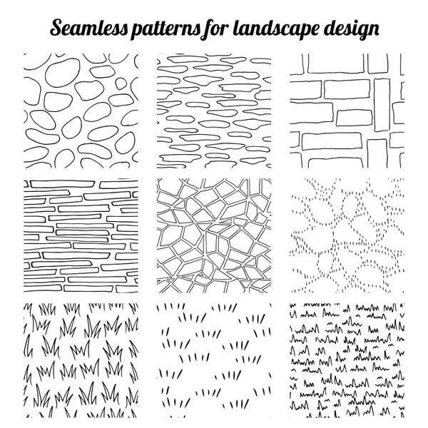 Gran colección de patrones sin costura para el diseño del paisaje. Textura sin fin, contorno, blanco y negro . — Vector de stock