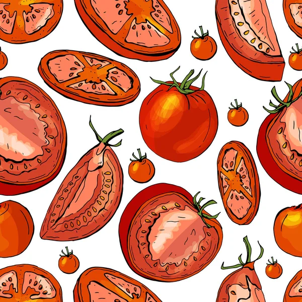 Naadloos patroon met verschillende groenten op wit. plakken tomaat, tomatenkers. — Stockvector
