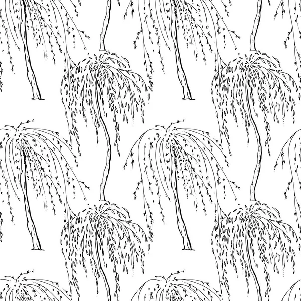 Modèle sans couture avec des arbres décoratifs. Texture sans fin noir et blanc — Image vectorielle