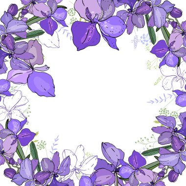 Romantik çerçeve ile orkide. Boş kare şablonu egzotik mavi çiçek yaptı