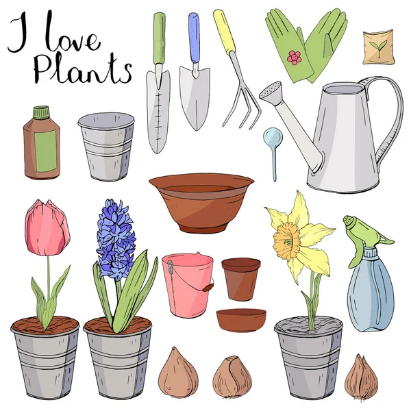 Set de colores con diferentes herramientas de jardinería. Objeto para cultivar plantas en casa aislado sobre fondo blanco — Archivo Imágenes Vectoriales