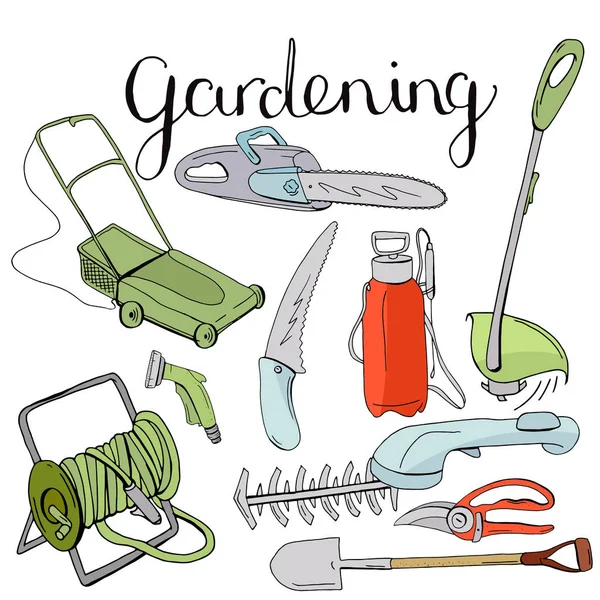 Set de colores con diferentes herramientas de jardinería. Objeto para cultivar plantas en casa aislado sobre fondo blanco — Vector de stock