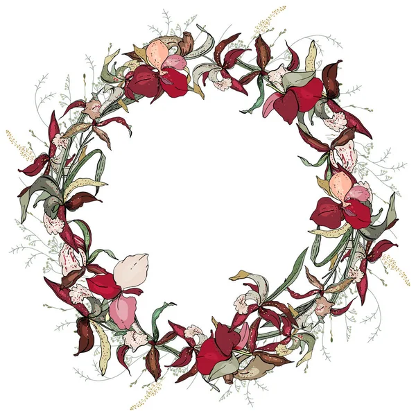 Cadre floral romantique rond en orchidées. Cercle avec espace pour le texte pour la conception de mariage et de saison — Image vectorielle