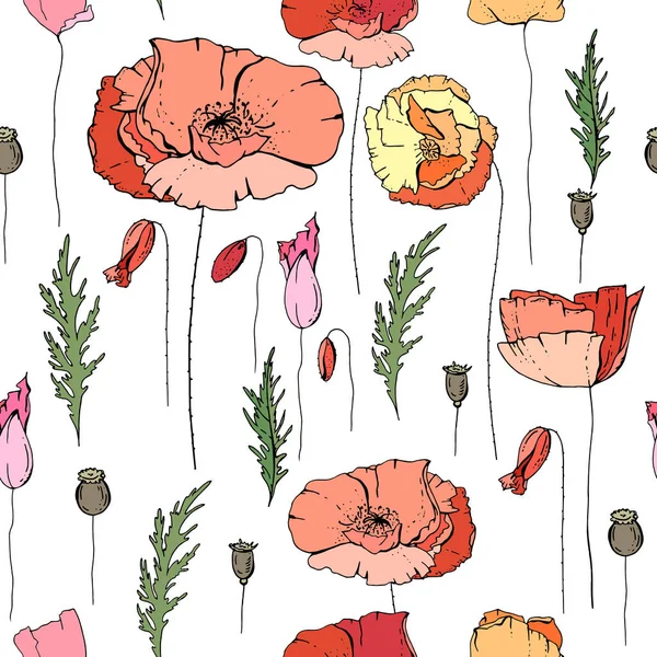 Naadloze bloemmotief met romantische poppy bloemen. Eindeloze textuur voor elegante bloemen- en seizoen ontwerp — Stockvector