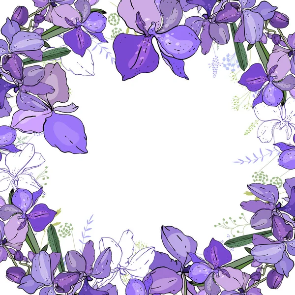 Moldura romântica com orquídeas. Modelo quadrado em branco feito de flores azuis exóticas —  Vetores de Stock
