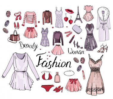 Beyaz arka plan üzerinde işgal izole kadın. Glamour şeylerle ayarlayın. Fransa Tema.