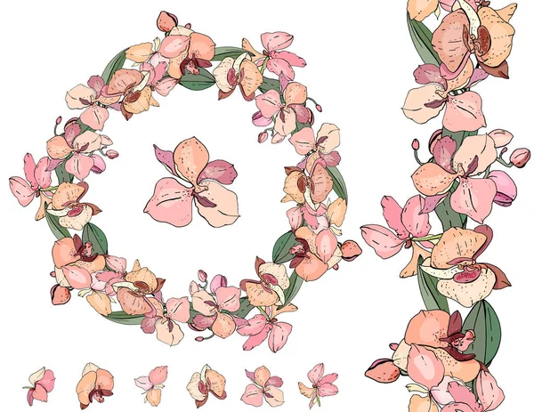 タイの花輪と異なる蘭の無限の垂直方向の境界線 季節の花柄のデザインのエキゾチックな装飾花 — ストックベクタ