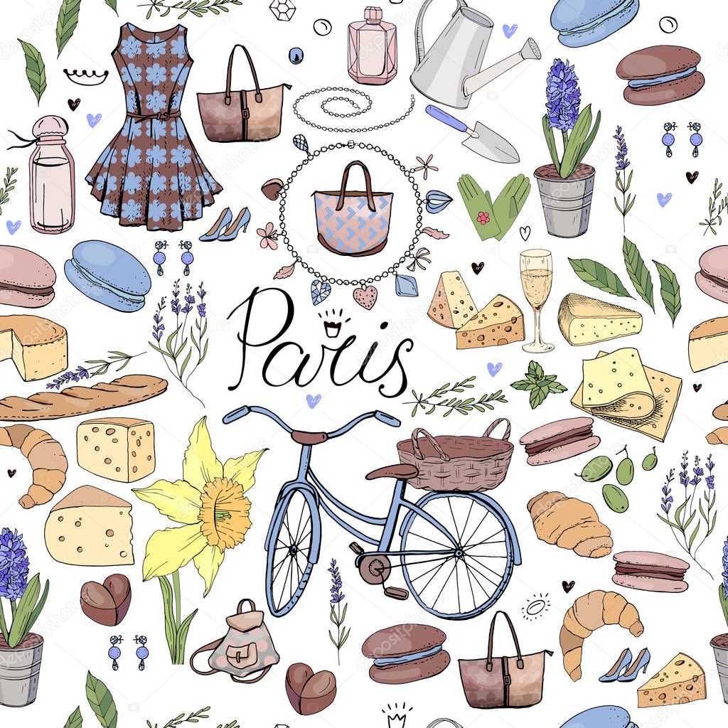 Seamless pattern made of different symbols related to France, travelling and Paris. Blue and yelllow color. Endless texture for fashion and travel design,elements on white