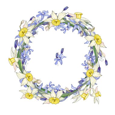 Bahar çiçekleri scilla ve Nergis ile yuvarlak garland. Dekoratif saeson Festival tasarımı için çerçeve çiçek