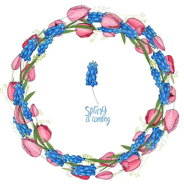 Round garland with spring flowers tulips and muscari. Decorative saeson floral frame for festive design