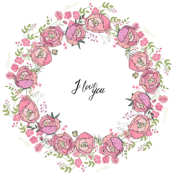 Στρογγυλή Floral Γιρλάντα Ροδαλά Λουλούδια Διακόσμηση Για Γάμο Και Ρομαντικό — Διανυσματικό Αρχείο