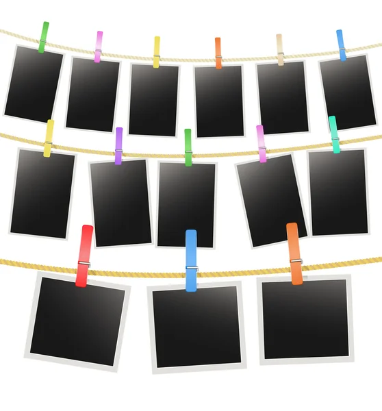 Three rows with photo frames hanging on a rope with clothespins. vector — Stock Vector