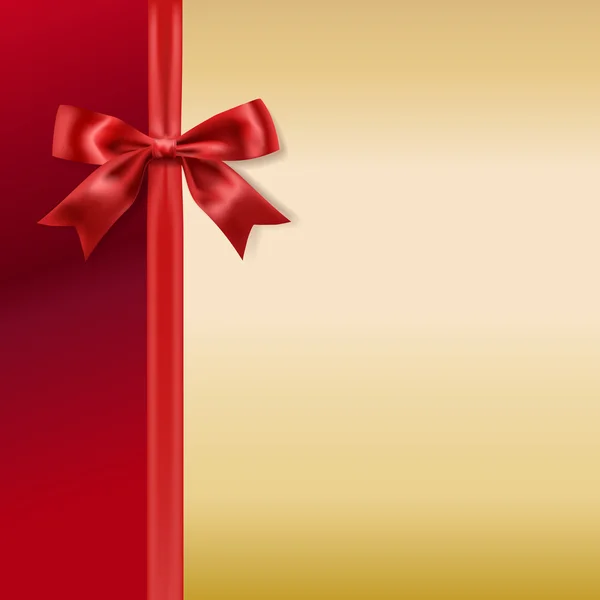 Red silky bow and ribbon on holiday golden background. vector — Stock Vector