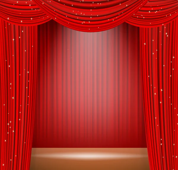 Cortinas de teatro rojo y foco de luz en el escenario. ilustración vectorial — Archivo Imágenes Vectoriales