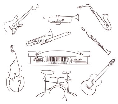 set of musical instruments symbols in line art style. vector clipart