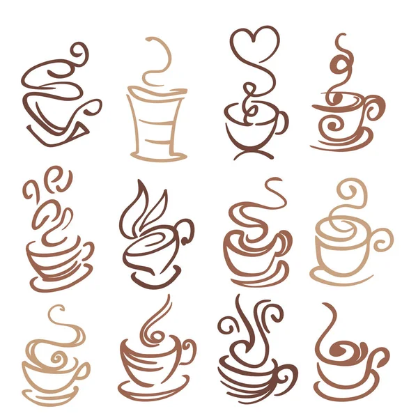 Symbole für Kaffee- und Teetassen isoliert auf weiß. Vektorillustrationen — Stockvektor