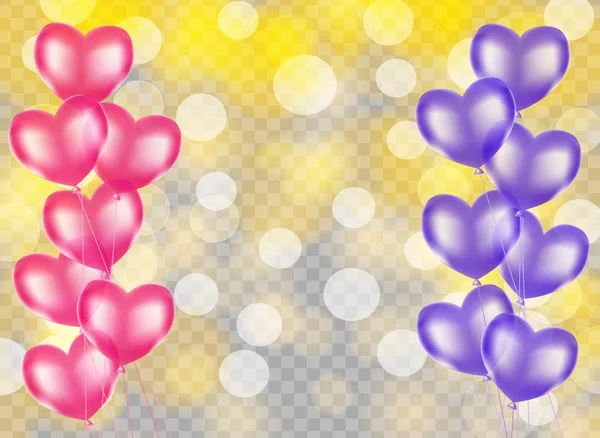 Rose et violet forme de coeur ballons bordure sur jaune doré flou — Image vectorielle