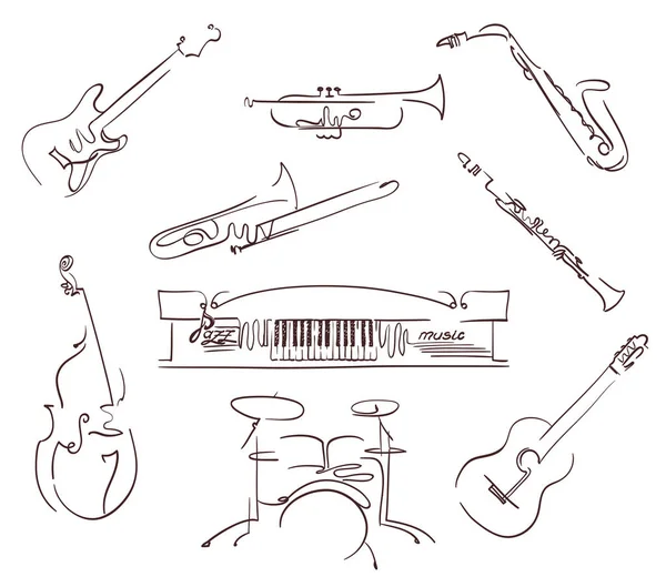 Ensemble de symboles d'instruments de musique dans le style line art. vecteur — Image vectorielle