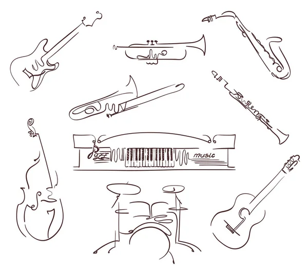 Conjunto de instrumentos musicales símbolos en estilo de línea de arte. vector — Vector de stock