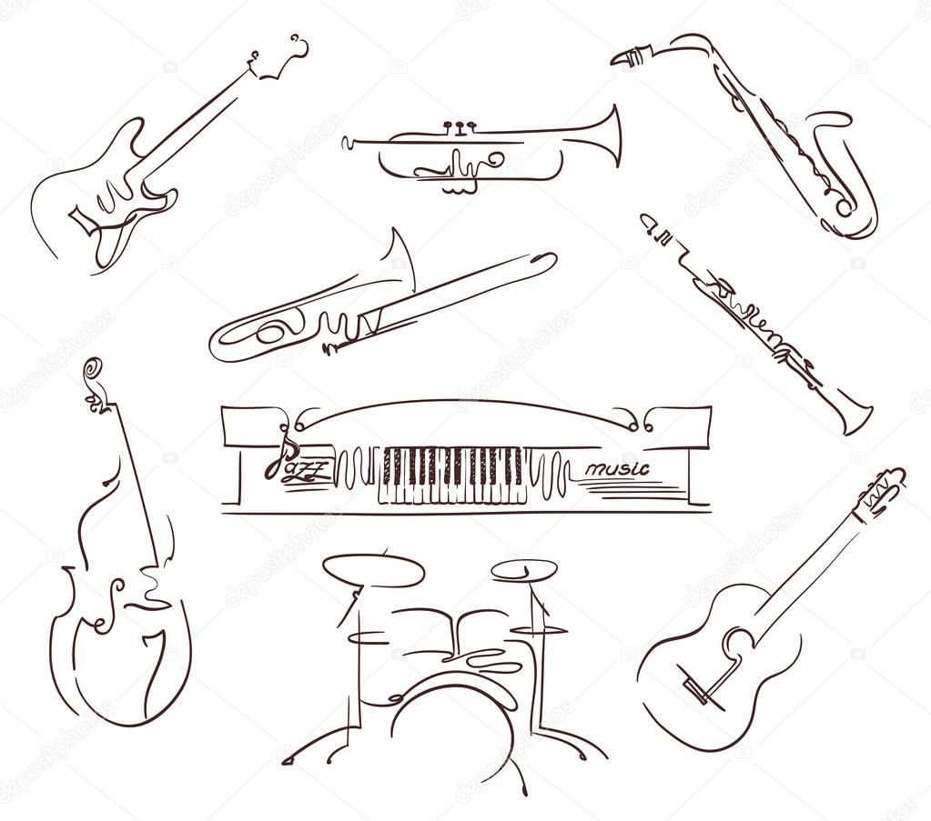 Set of musical instruments symbols in line art style. vector