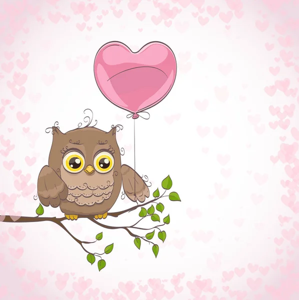 Cute little owl with heart shape balloon. Hand drawn cartoon vec — Stock Vector