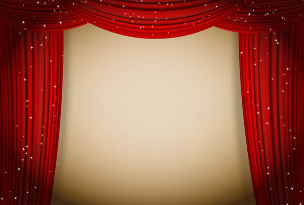 Rideaux rouges ouverts fond de théâtre avec des étoiles scintillantes. Movi — Image vectorielle