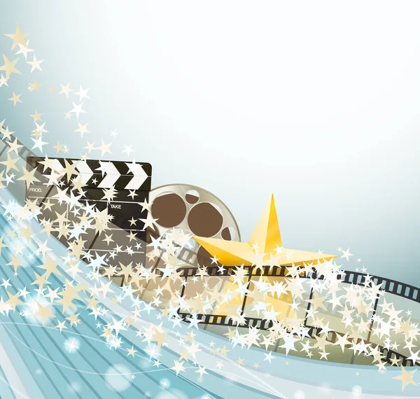 Fond de cinéma avec bandes de film rétro, applaudisseur et sta doré — Image vectorielle