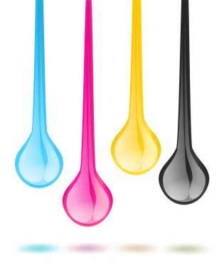 C M Y K mürekkep püskürtmeli yazıcı renk beyaz zemin üzerine damlama 