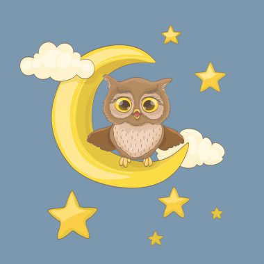 bulutlar ve gece yıldız ile bir ay oturan küçük esneme baykuş